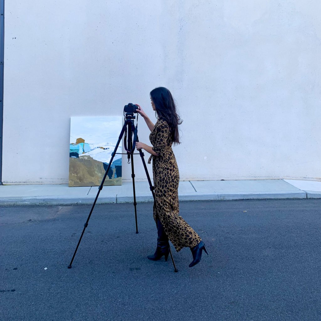 Brown Hues in Fashion and Interiors, Arist Charlotte, CHarlotte artist talks brown hues, Charlotte artist dresses to match her artwork, How to wear brown hues, how to design with brown hues for fall, Aura maxi dress, Aura The Label, Aura Leopard print wrap dress